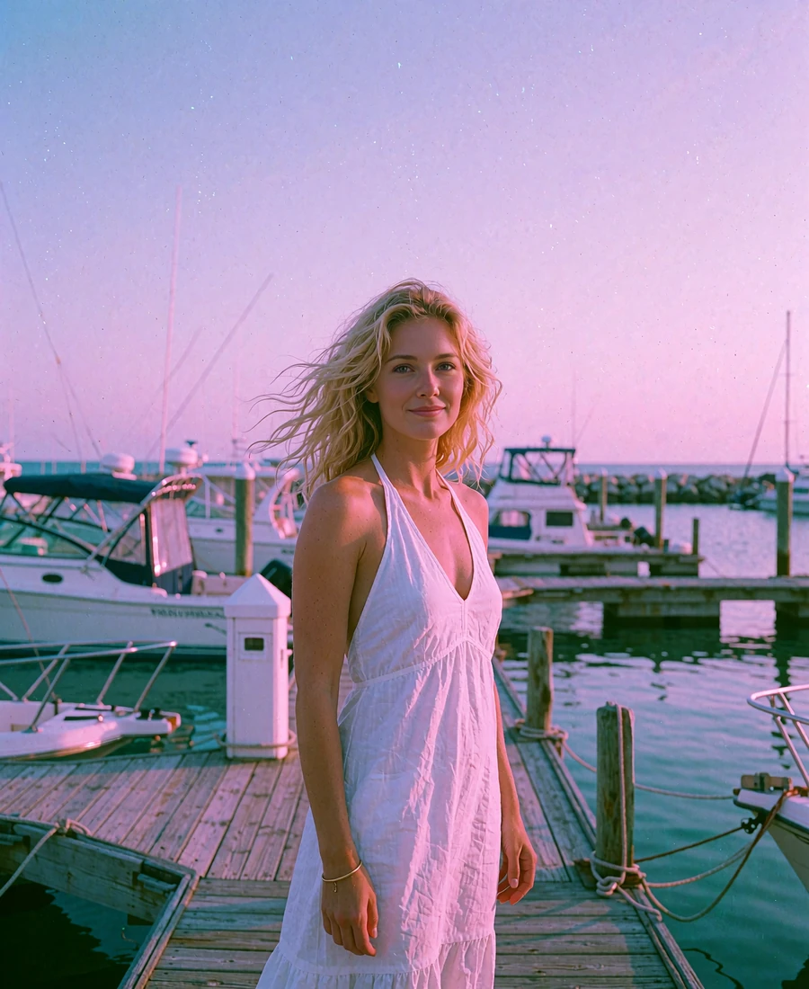 Woman in a white halter dress standing at the end of a Tampa marina dock at sunset