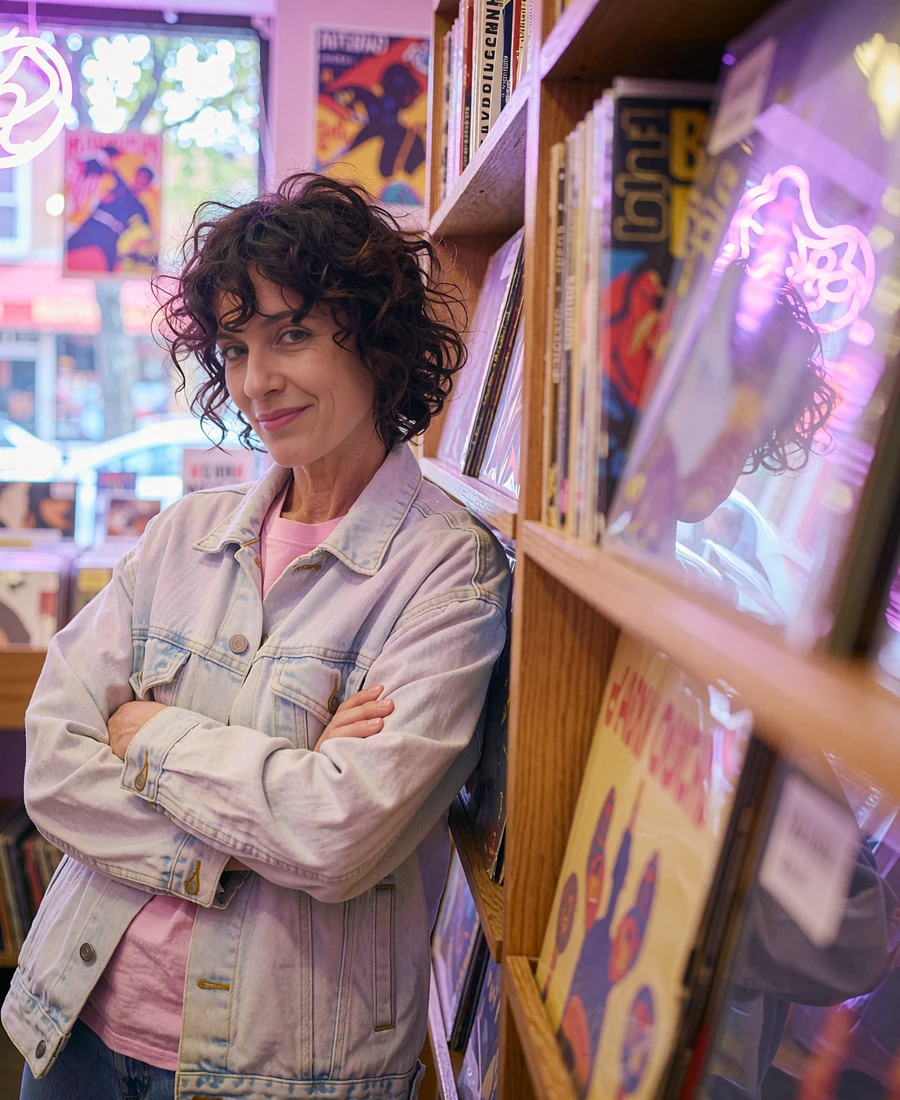 Woman in an oversized denim jacket leaning against shelving in a bright record store, illustrating a puma dating profile photo