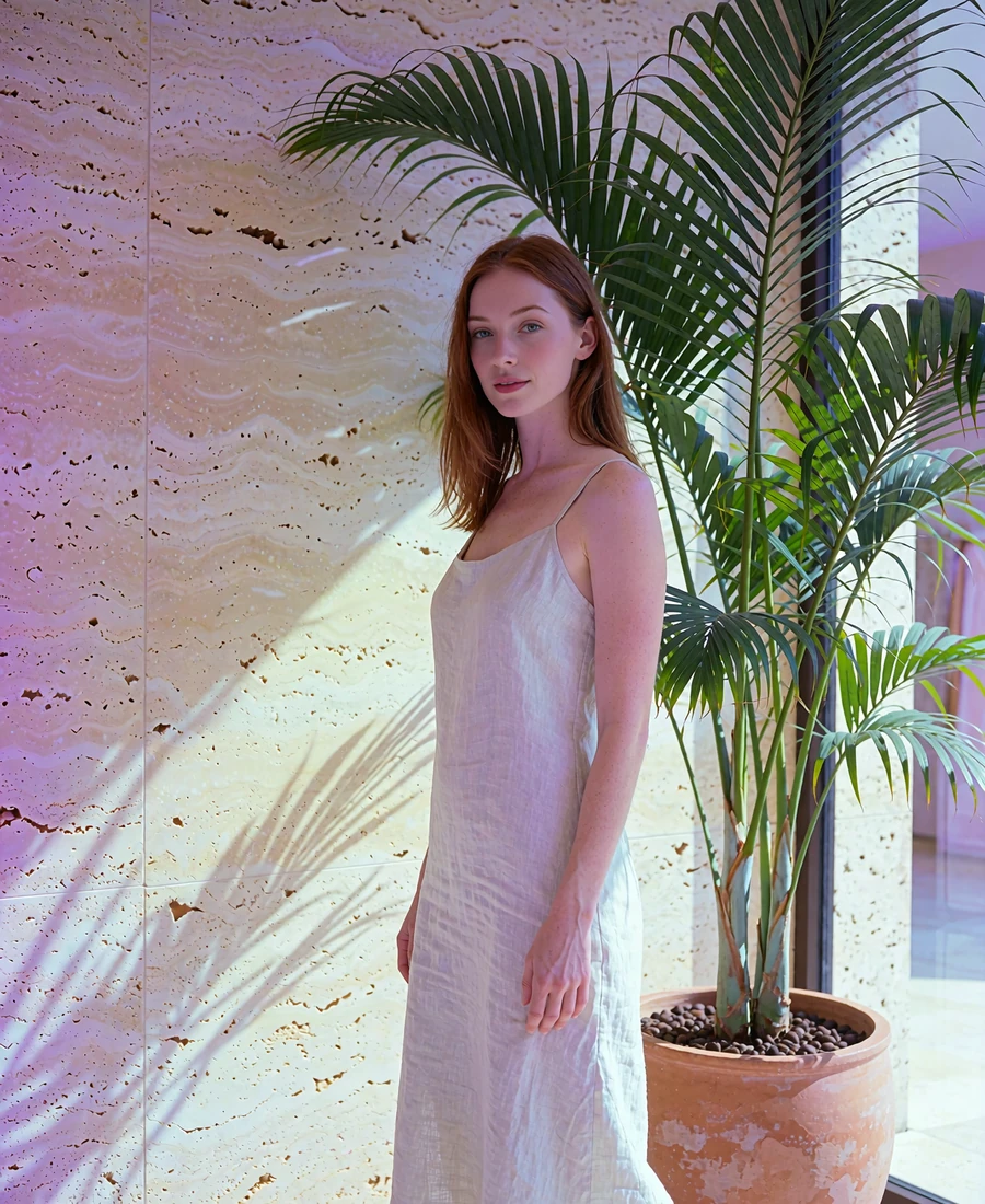 Woman in a pale linen dress standing in the sunlit lobby of a boutique hotel
