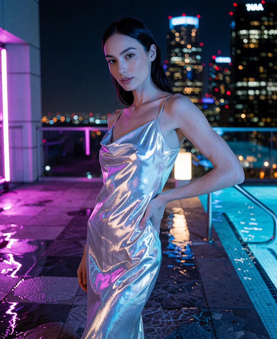 Woman in a metallic silver slip dress at a downtown Los Angeles rooftop pool deck at night