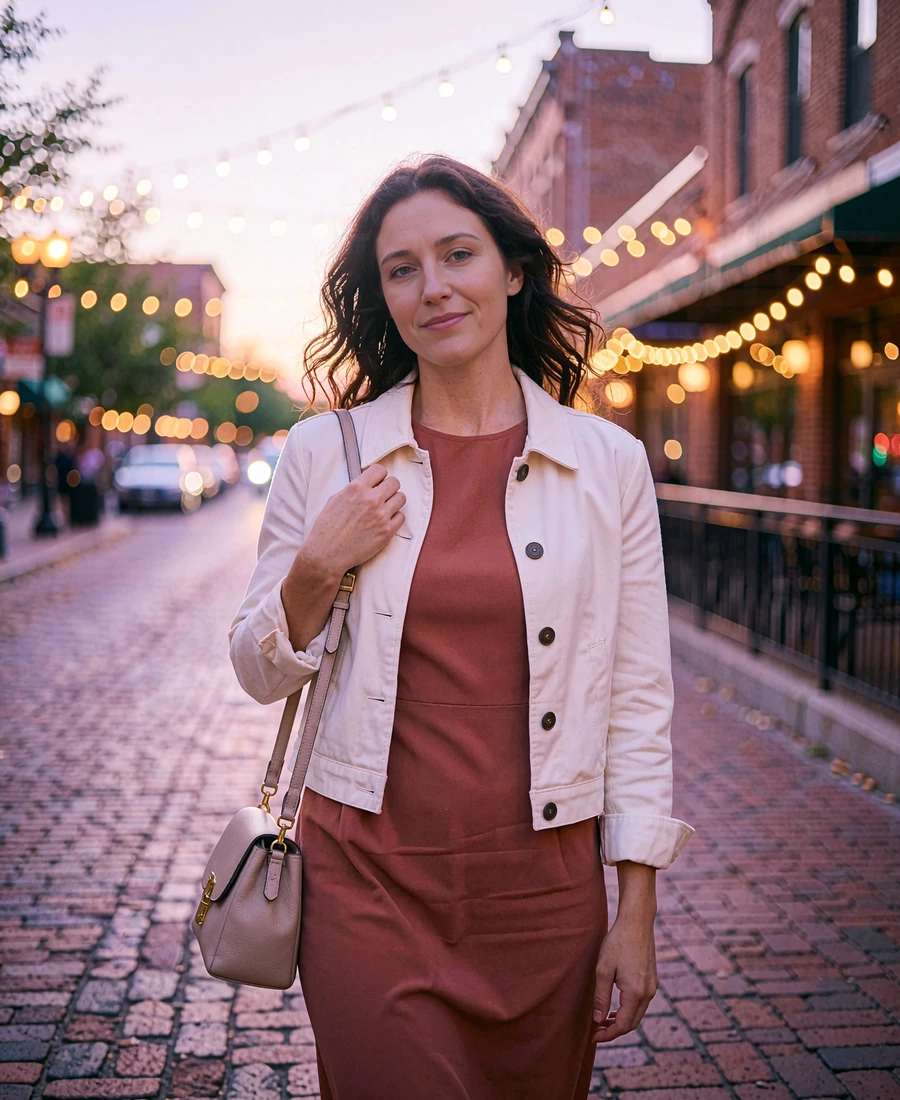 Woman in a rust-toned dress on a brick-lined LoDo street in Denver at dusk with warm string lights behind her