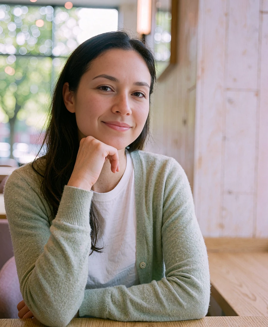 Woman in a sage cardigan seated at a bright café near a Columbus university district
