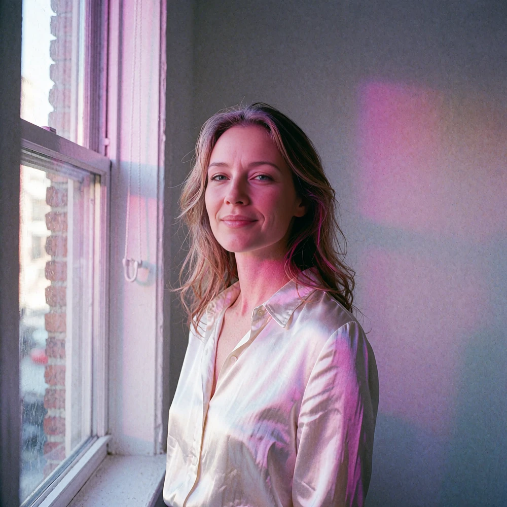 Graceful woman in a pale silk blouse smiling near a bright window, illustrating a natural profile photo shoot