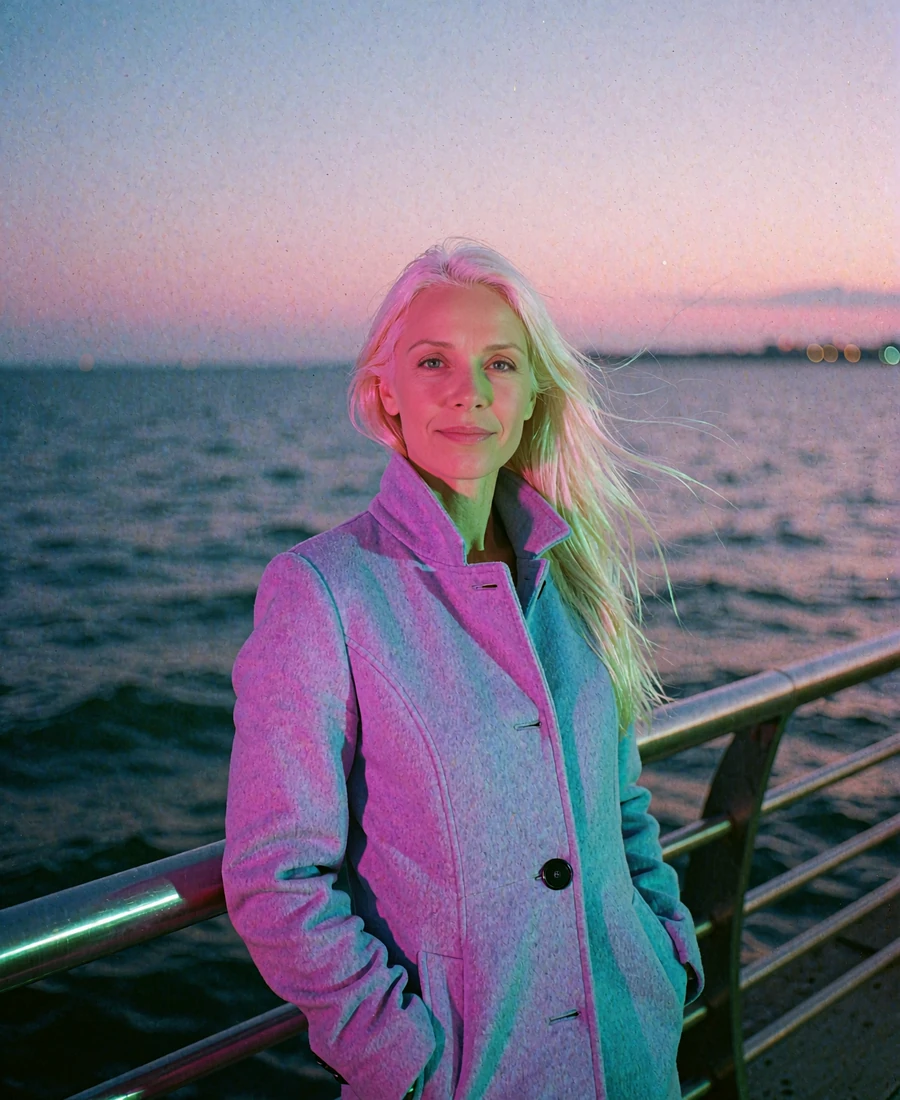 Graceful blonde woman standing along a Boston waterfront promenade at twilight