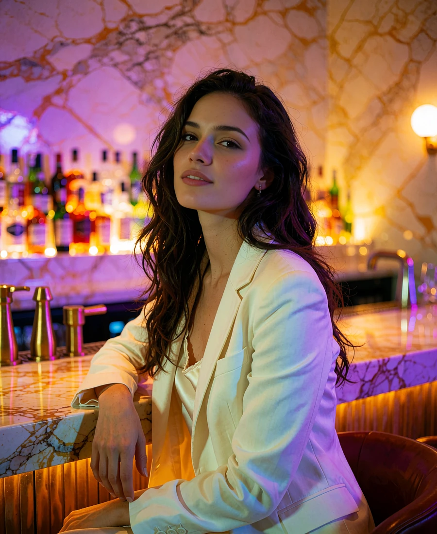 Woman in an ivory blazer at a marble bar counter in an upscale Uptown Dallas cocktail lounge