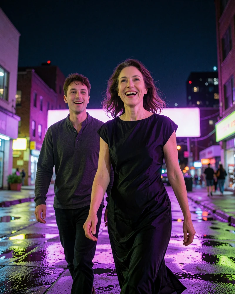 Confident woman in a black midi dress walking and laughing with a younger man on a neon city street