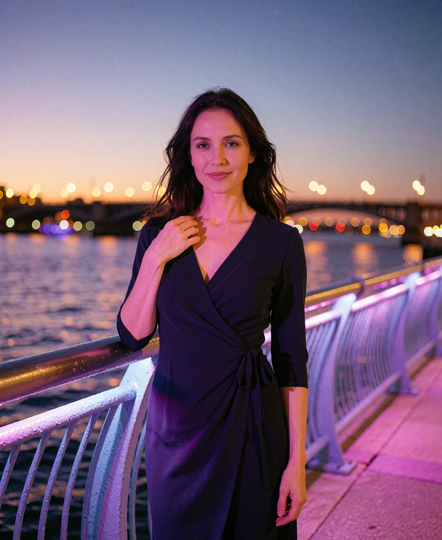 Woman in a navy wrap dress on the Tampa Riverwalk at dusk with bridge lights blurred behind her
