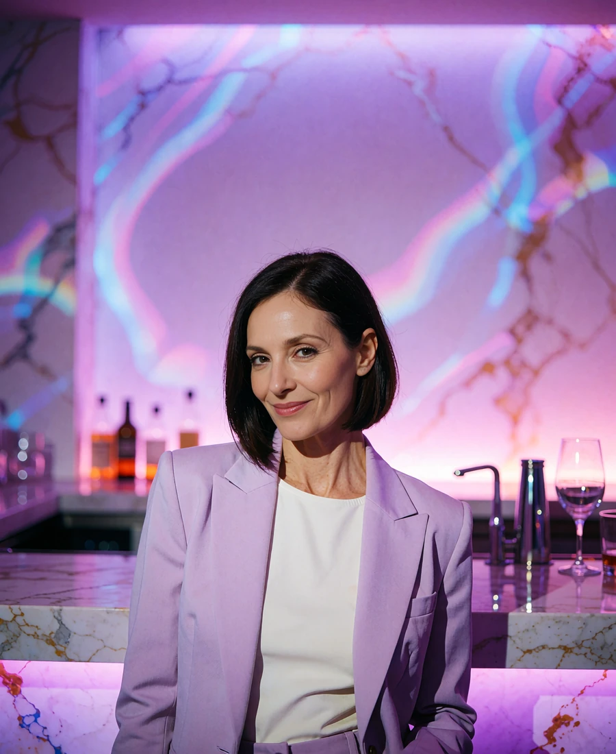 Woman in a lilac cropped blazer smiling inside a violet-lit cocktail bar, illustrating a toy boy dating profile photo