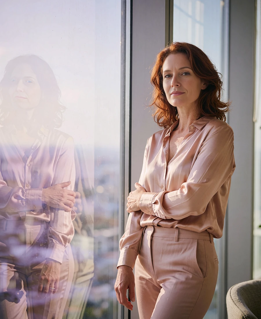 Woman in a blush silk blouse standing beside a floor-to-ceiling window in a River North high-rise lounge