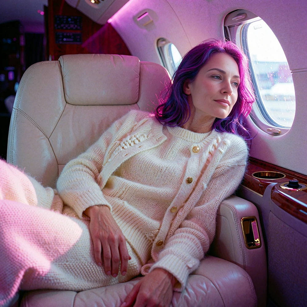 Relaxed woman in a cream knit set reclining in a leather seat inside a private jet cabin, looking out a round window