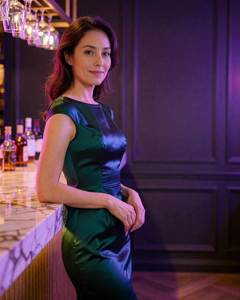 Woman in an emerald cocktail dress beside a marble bar in a private members lounge