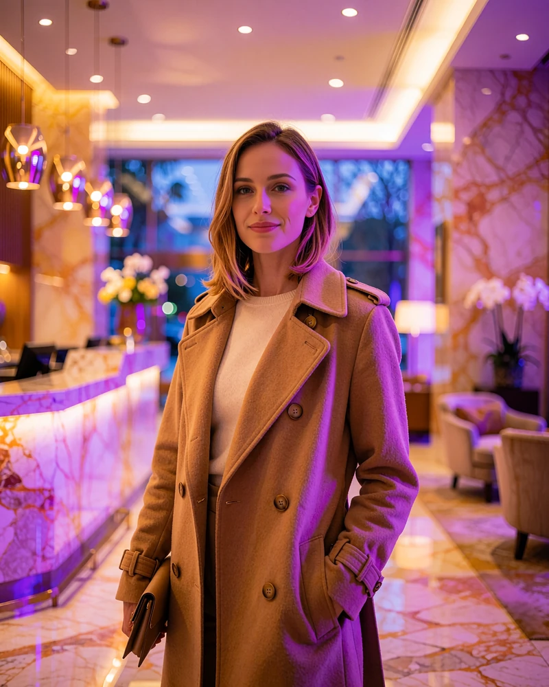 Woman in a camel trench coat in an upscale Atlanta hotel lobby