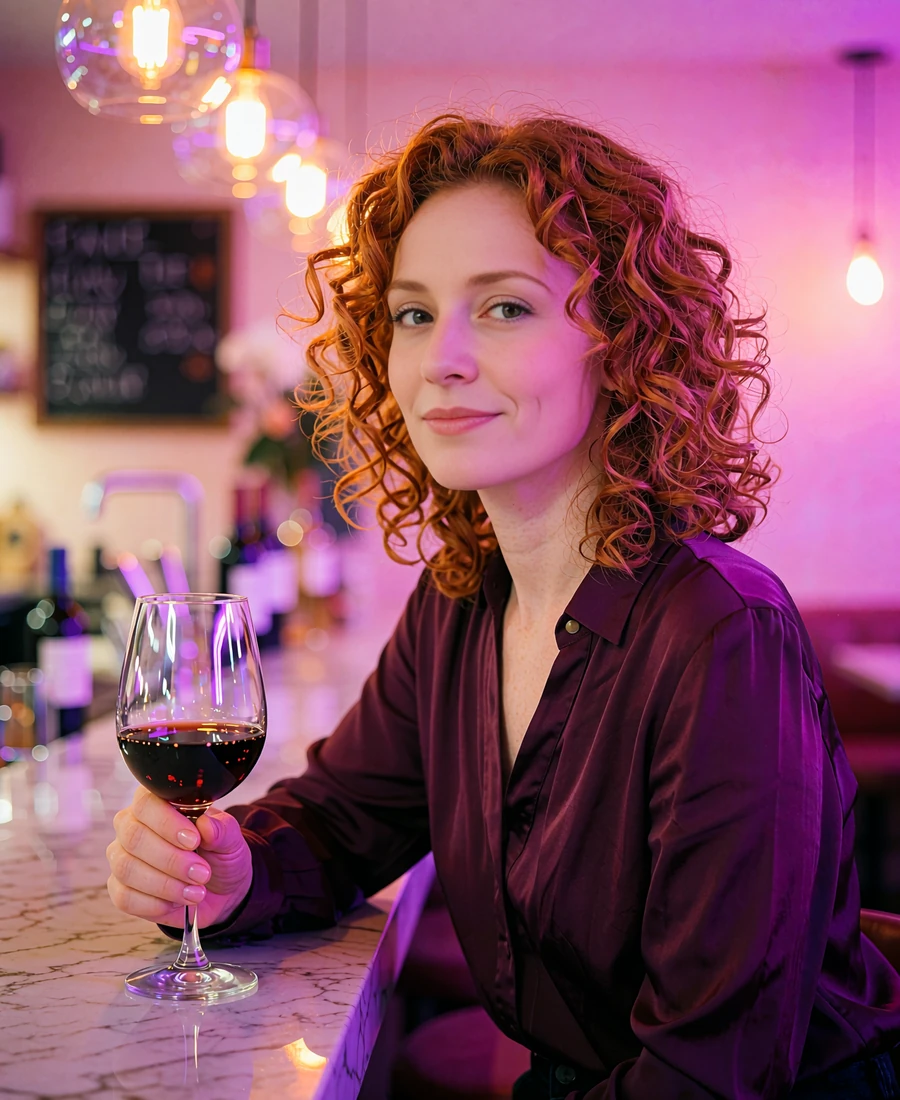 Woman with copper-red curls seated at a marble counter in a modern Denver wine bar