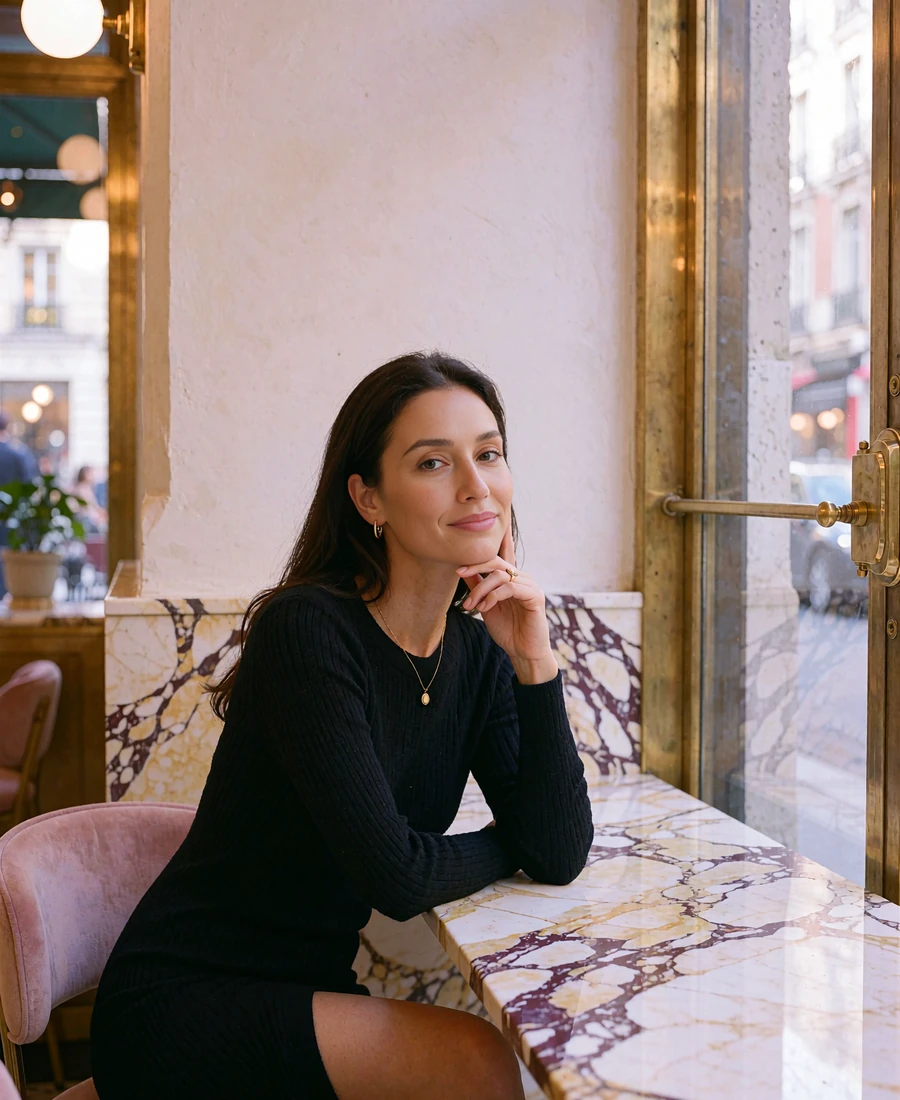 Woman in a black knit dress seated at a marble café table in an upscale Gold Coast interior