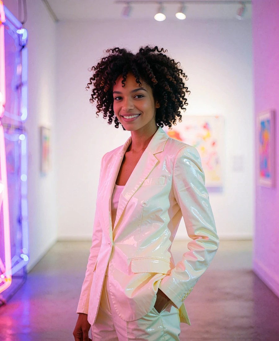 Woman in a cream trouser suit standing in a bright minimalist gallery space in Atlanta