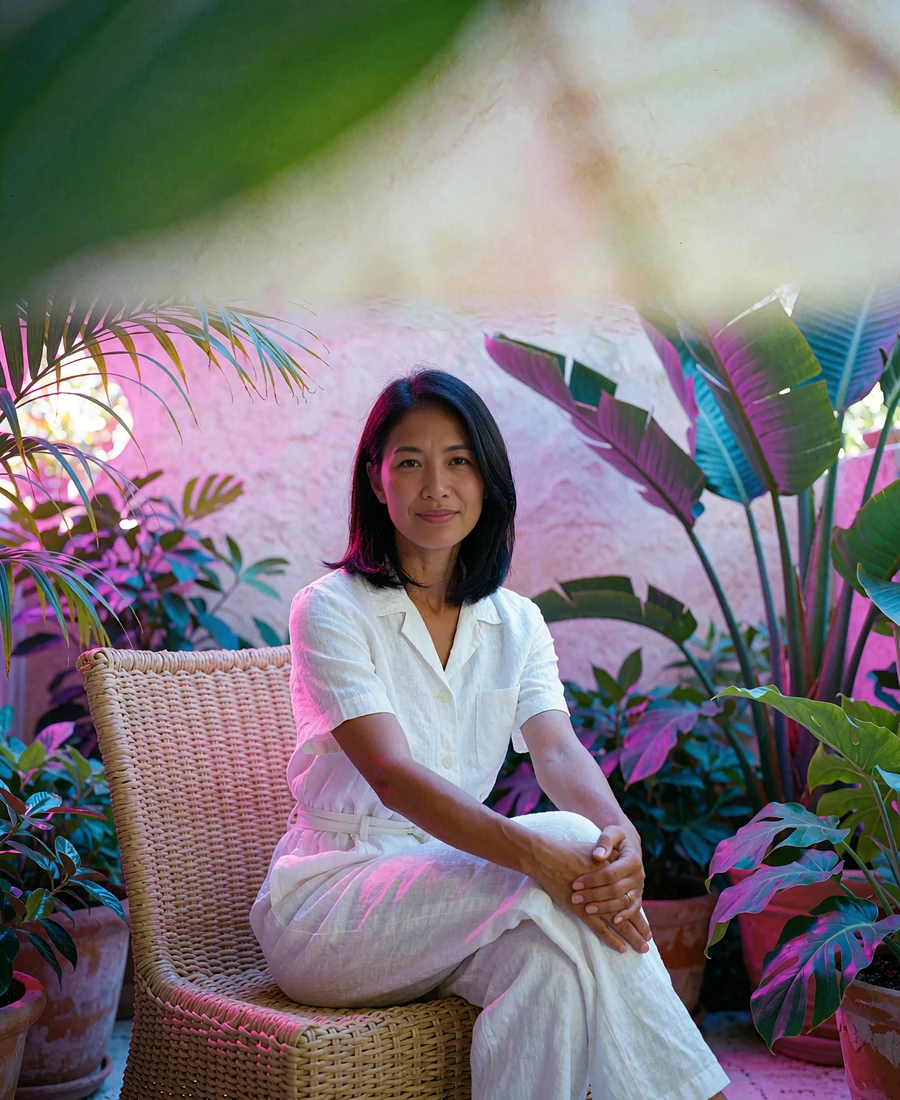 Woman in a white linen jumpsuit seated on a rattan chair on a lush hotel garden terrace