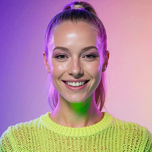 Portrait of a vibrant woman in an acid-lime knit top with a high ponytail smiling