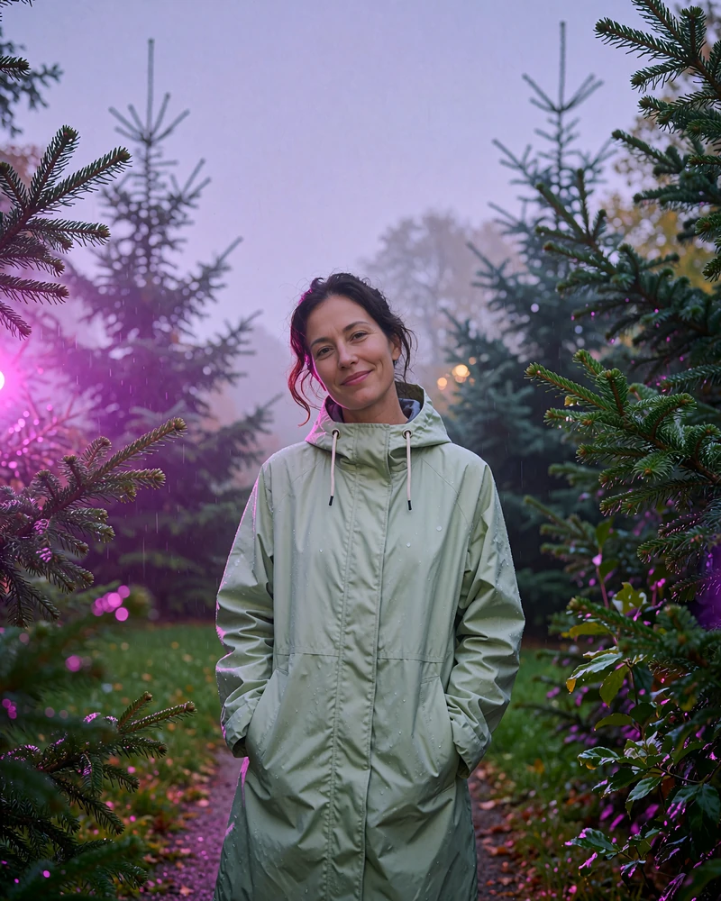 Woman in a pale sage raincoat smiling on a park path lined with evergreen trees in Seattle