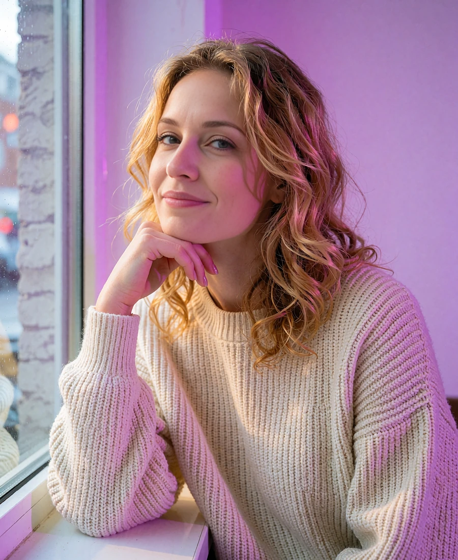 Woman with honey-blonde waves seated by a sunlit cafe window in San Antonio