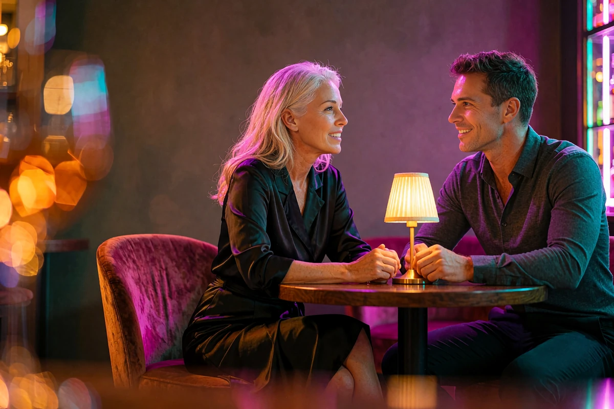 Confident older woman and a younger man mid-conversation at a low-lit Miami cocktail lounge table