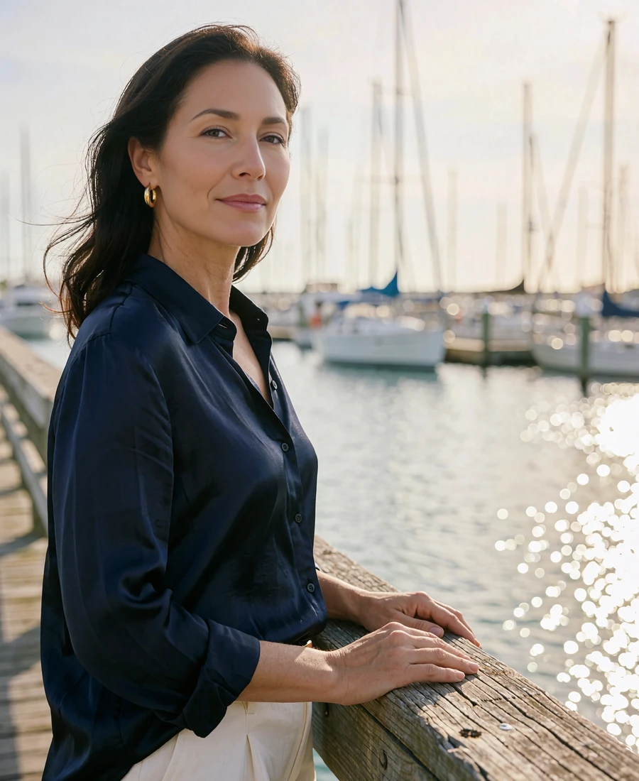 Composed woman in a navy silk shirt standing on a marina boardwalk with masts and water blurred behind her