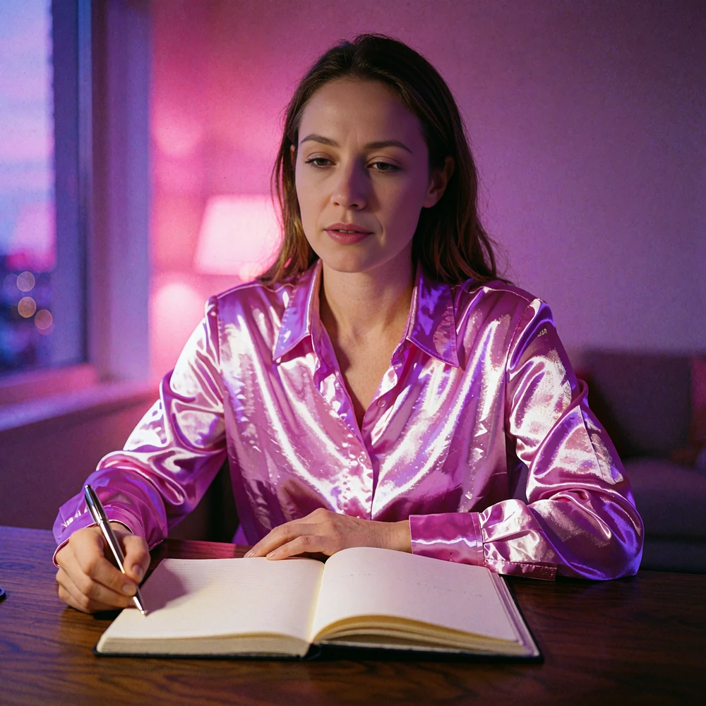 Focused woman writing in a notebook at a dark walnut desk while planning a monthly sugar allowance