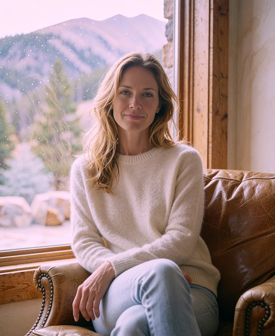 Blonde woman in a cashmere sweater seated in an upscale Colorado mountain lodge with pine slopes visible through the window