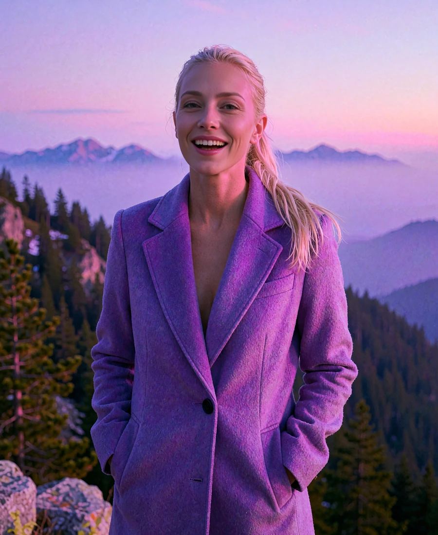 Woman in a wool coat laughing on a scenic Denver mountain overlook at early evening