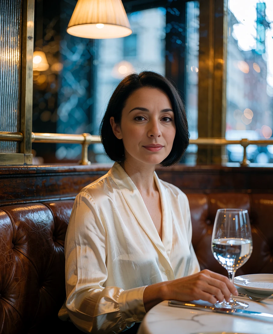 Woman in a cream silk blouse seated in a leather booth of an upscale restaurant