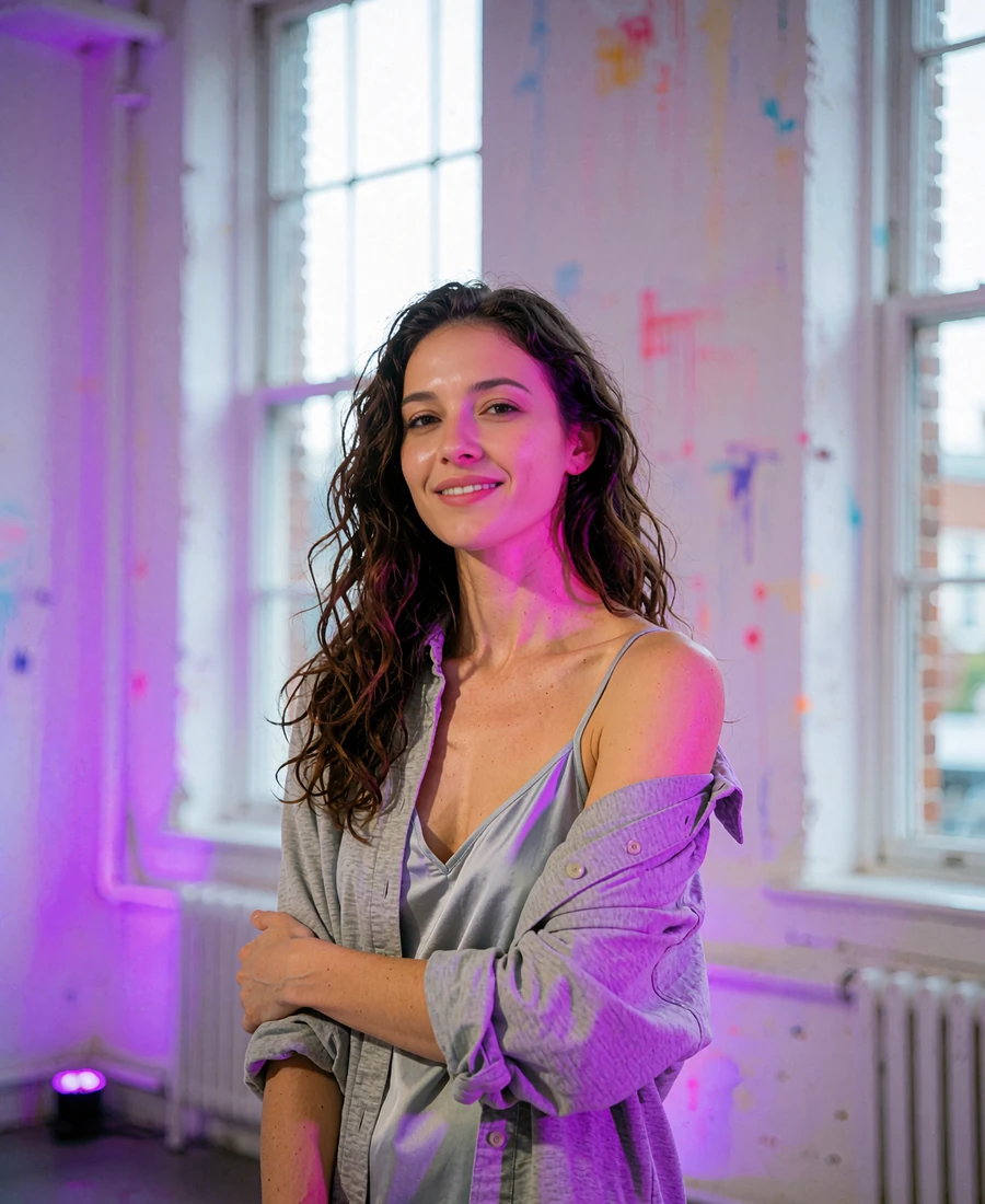 Woman with long wavy dark hair smiling in a bright creative studio with tall windows in Portland