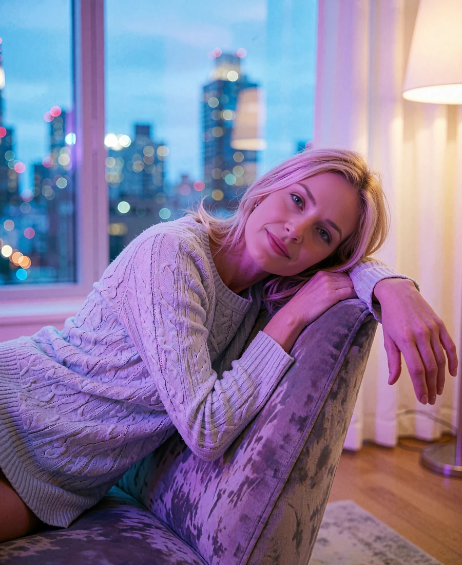 Woman in a lilac knit dress seated in a high-floor Manhattan apartment lounge