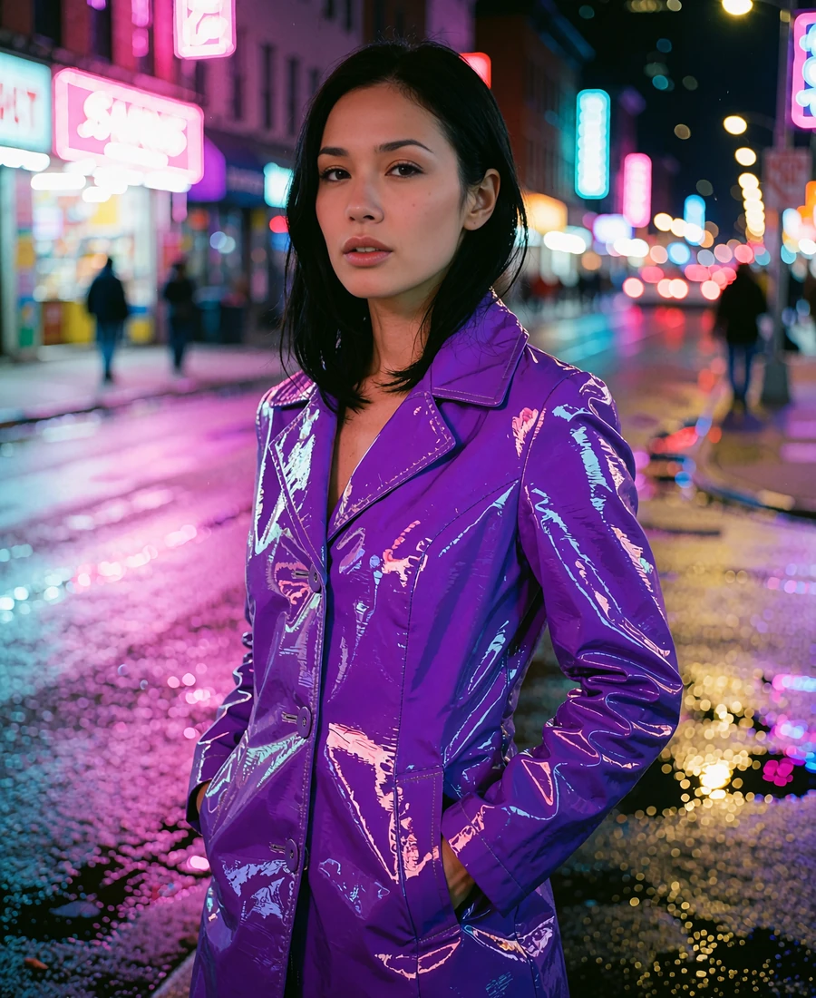 Woman with sleek black hair in a glossy coat standing on a quiet Portland street at night