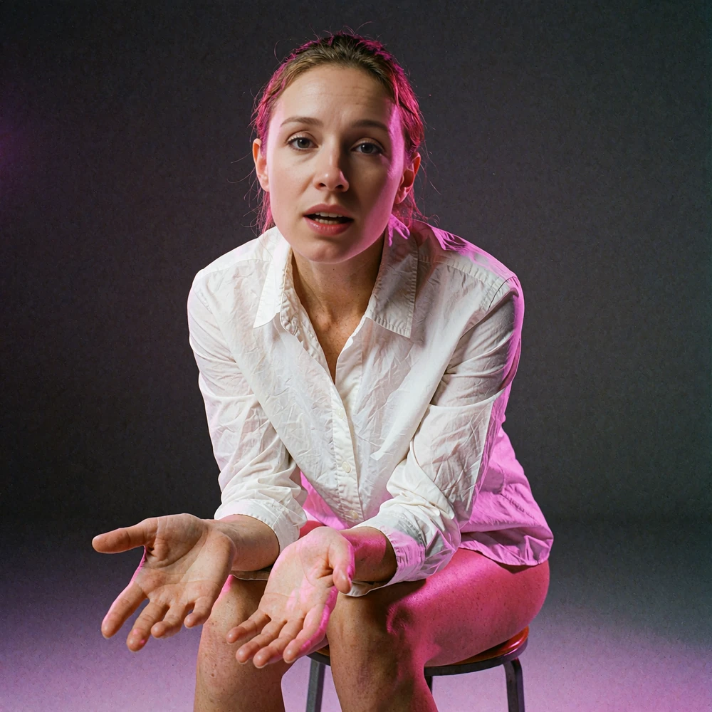 Articulate woman in a white shirt explaining a concept mid-thought against a plain dark studio backdrop