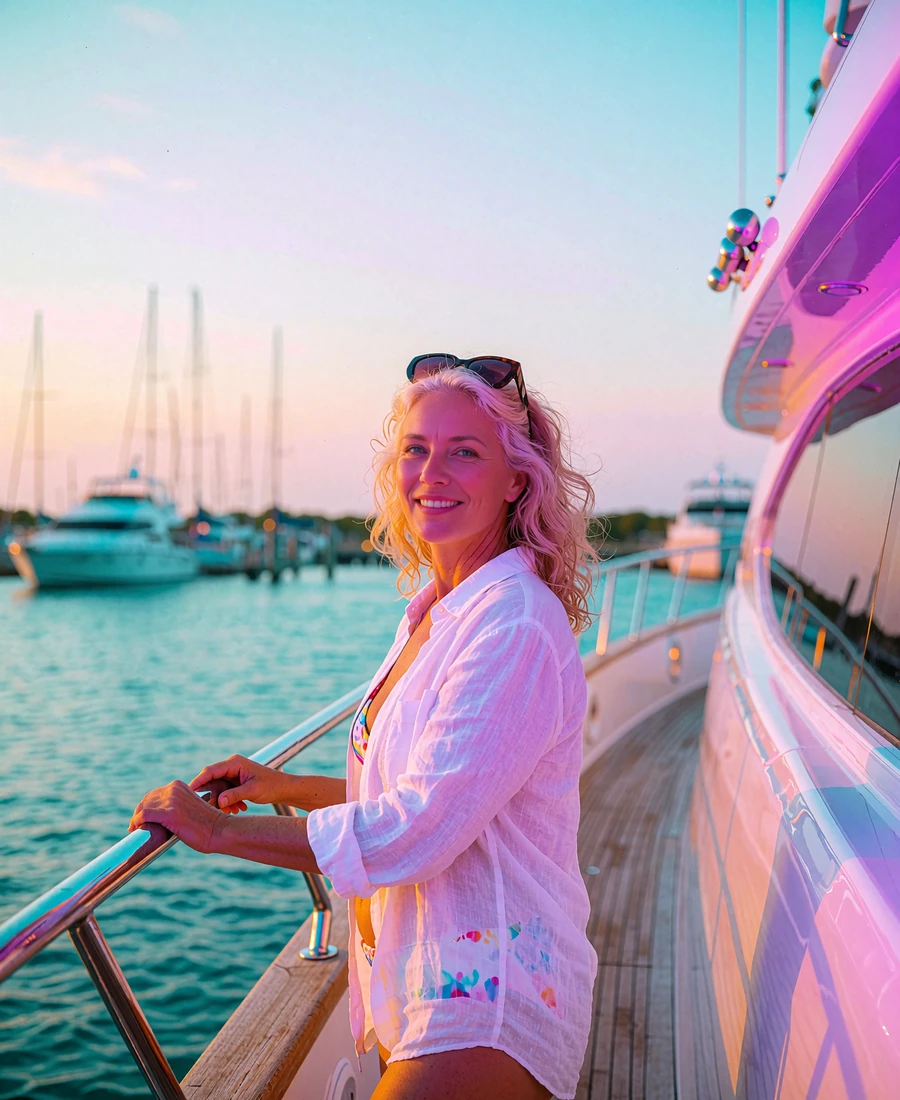 Sun-kissed woman with wavy hair on the open deck of a moored yacht in late afternoon light