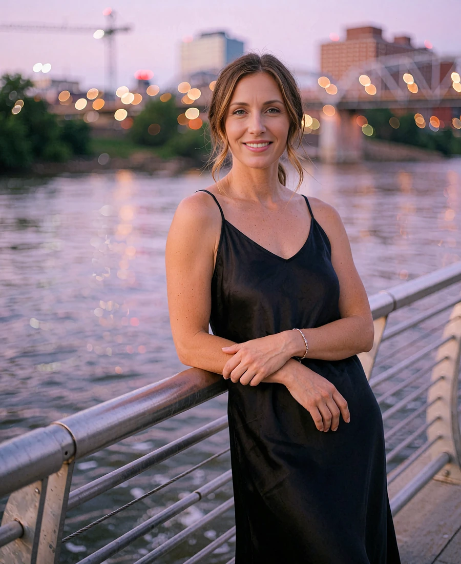 Woman in a black silk midi dress leaning against a riverfront railing in Nashville at blue hour