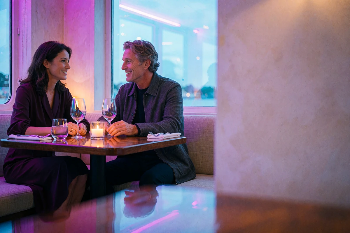 Woman in a deep plum dress and a distinguished man in a charcoal jacket mid-conversation at a corner table in an upscale Tampa waterfront restaurant