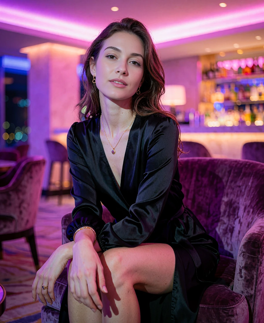 Woman in a black silk wrap dress seated in an upscale Atlanta hotel lounge