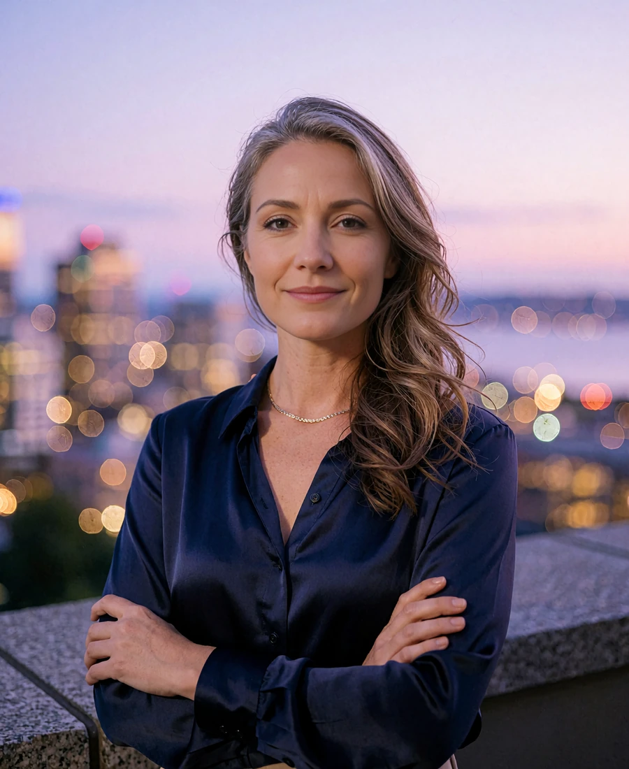 Woman standing on an upscale Seattle hotel terrace at blue hour with city lights and water blurred behind her