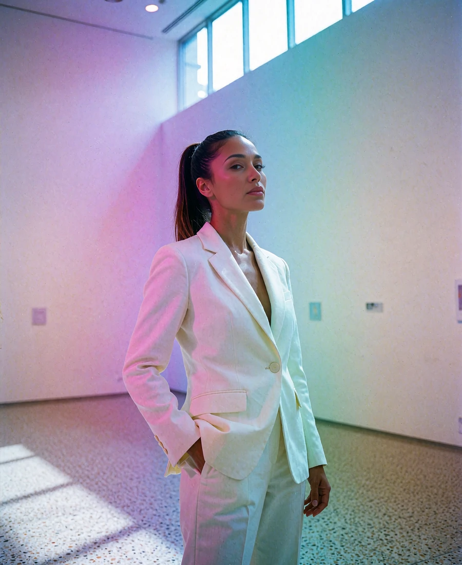 Woman in a cream trouser suit standing in a bright modern art gallery corridor