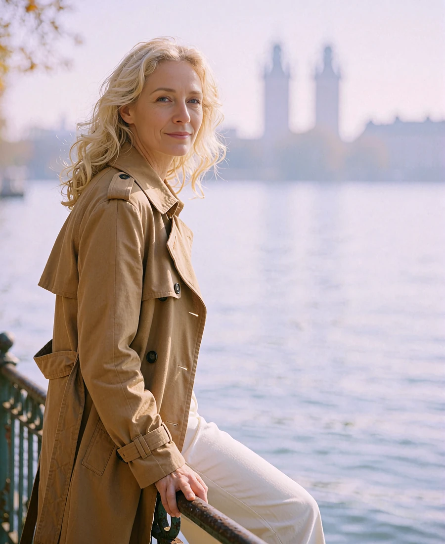 Woman in a camel trench coat walking along a lakefront promenade railing with a hazy skyline behind her