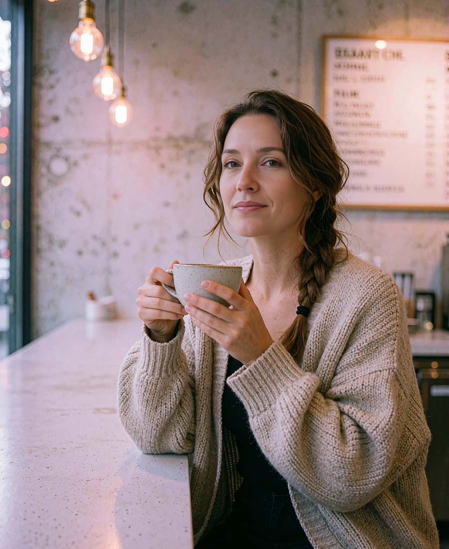 Woman seated at a minimalist Seattle coffee bar holding a ceramic cup with concrete walls blurred in the background