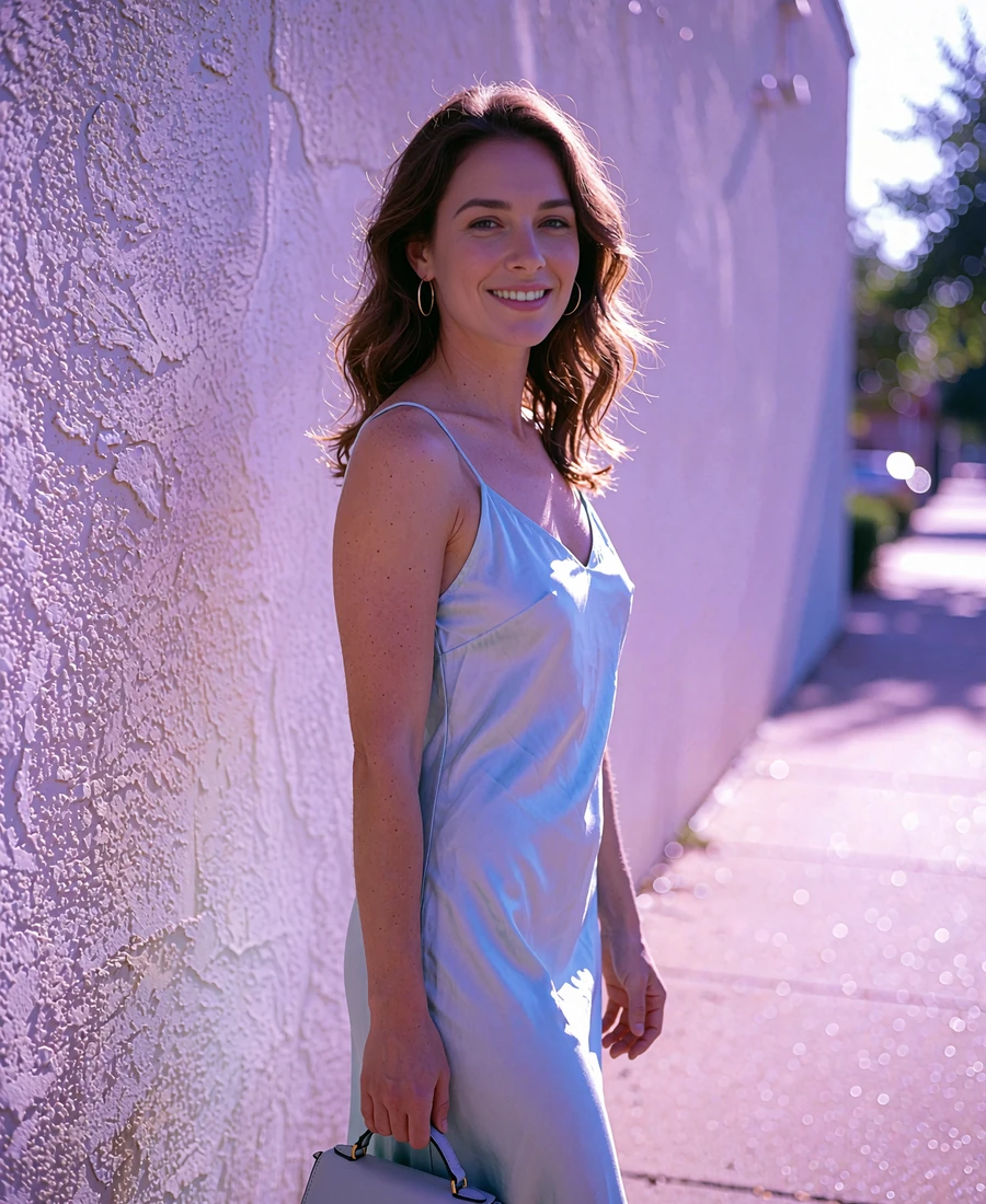 Woman in a pale blue slip dress smiling on a sunlit Uptown Dallas sidewalk
