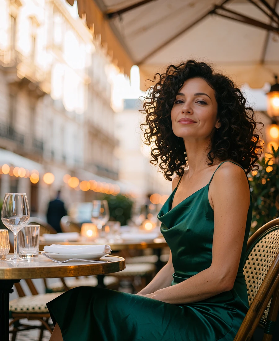 Stylish woman in an emerald dress seated at an outdoor Gaslamp Quarter restaurant table at golden hour