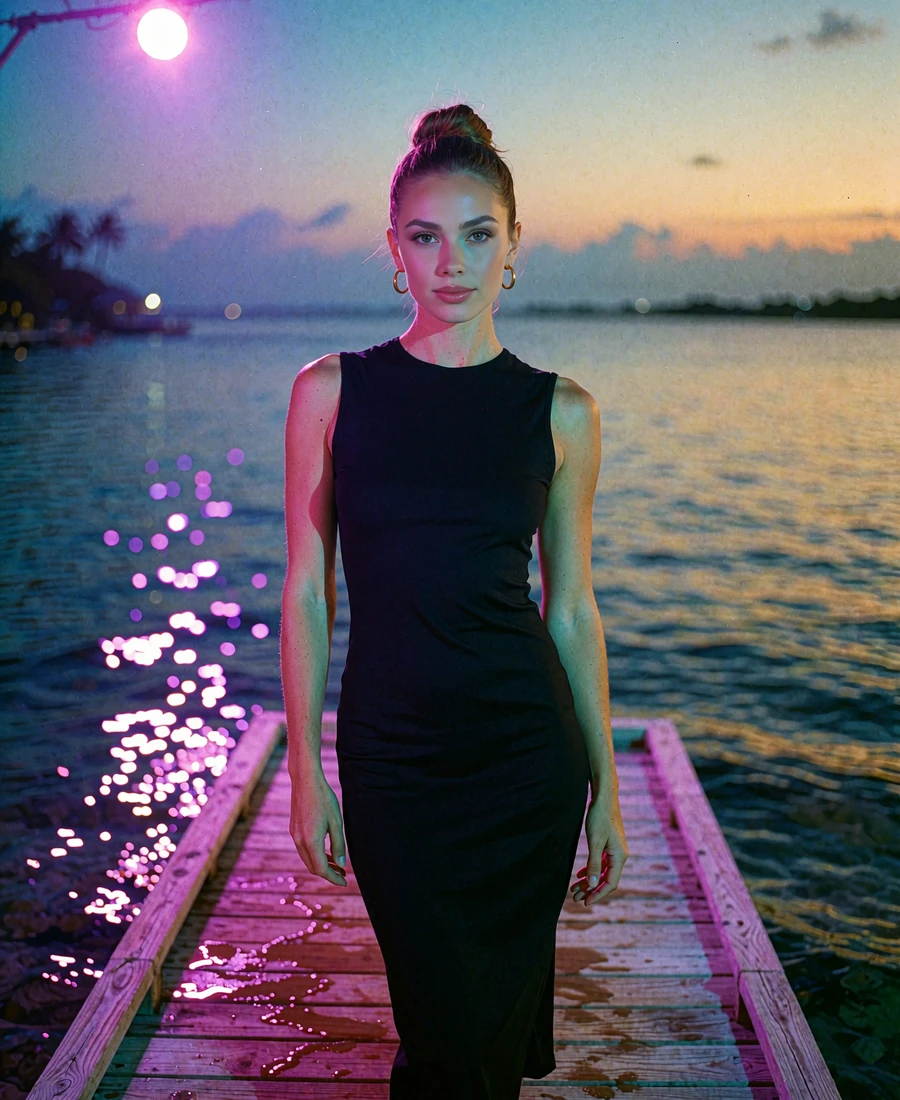 Woman in a fitted black midi dress standing on a lakefront boardwalk after sunset in Orlando