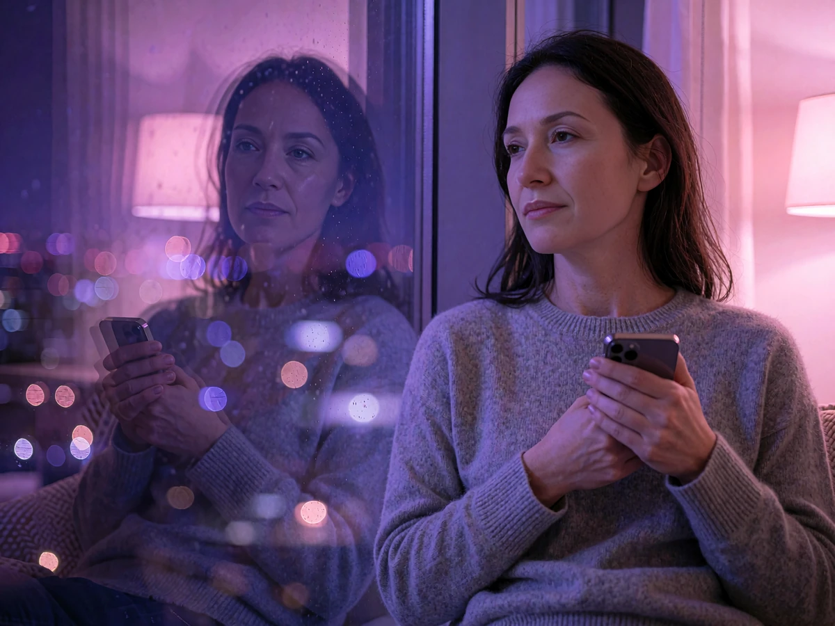 Calm woman by a night window holding her phone face down, illustrating privacy controls on a sugar dating site
