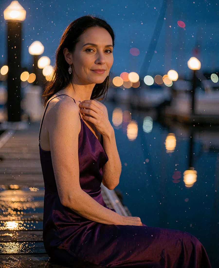 Woman in a deep violet satin dress on a marina walkway at blue hour with dock lights behind her