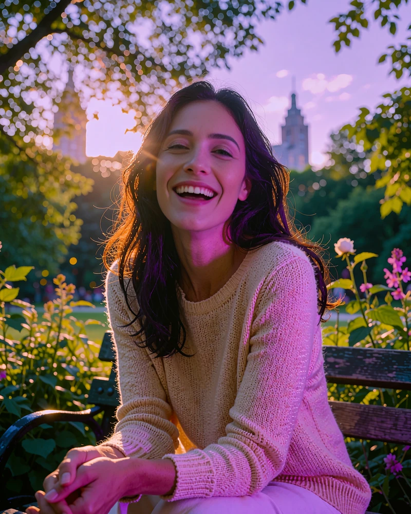 Woman laughing on a park bench in a green Atlanta city park at golden hour
