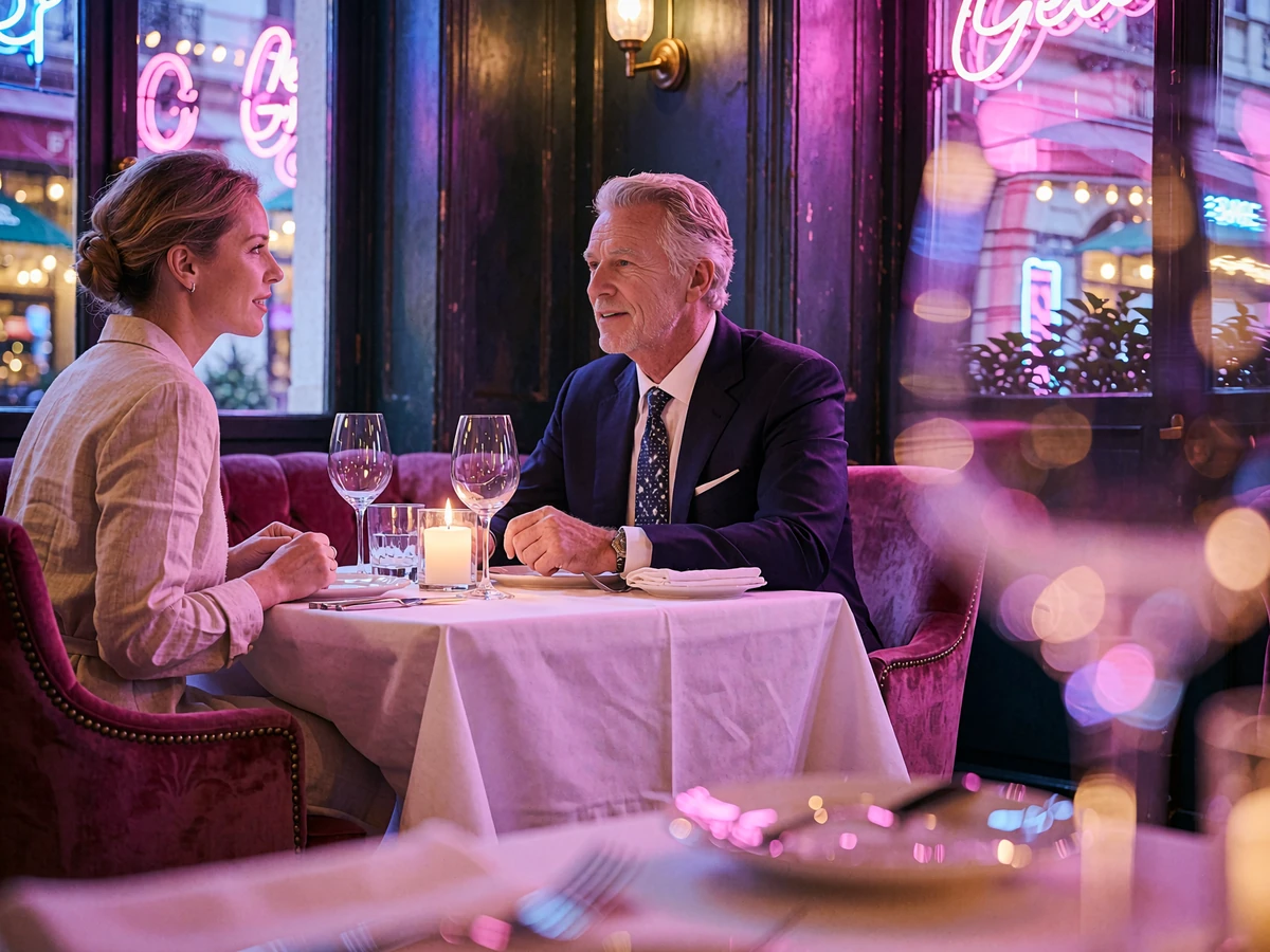 Well-dressed woman and an older man in a dark suit talking across a candlelit restaurant table about clear dating expectations