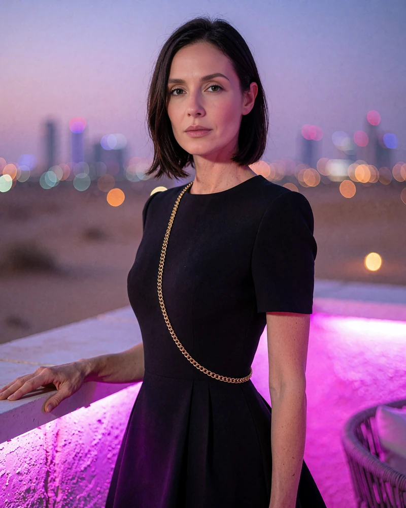 Woman with a dark bob in a black cocktail dress at a rooftop lounge railing with the Phoenix skyline at night