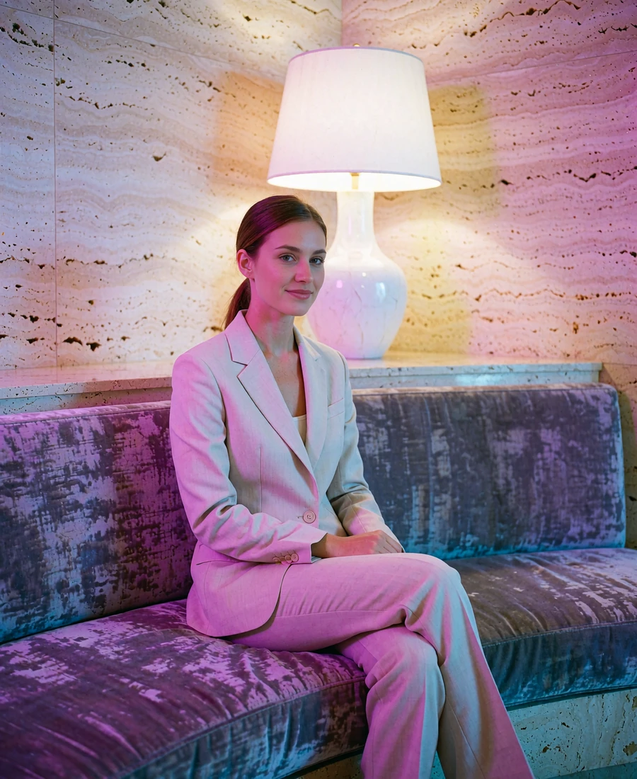 Woman in a blush tailored suit seated on a velvet bench in a modern Tampa hotel lobby